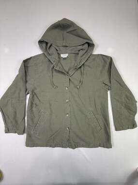 Jennifer Moore Linen Cotton Blend Button-Up Hooded Jacket Size S Olive Green